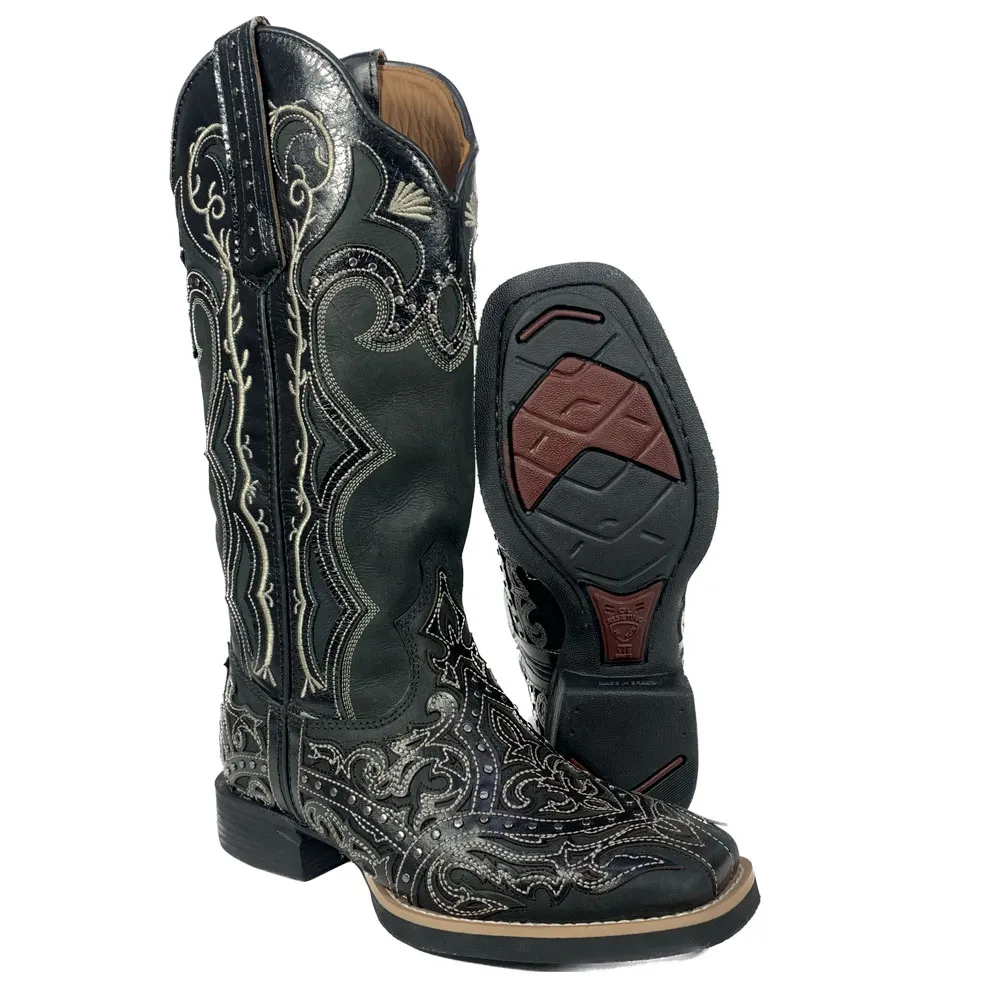Bota Feminina Country Preta Bordada Bico Quadrado Vimar - Imagem 4